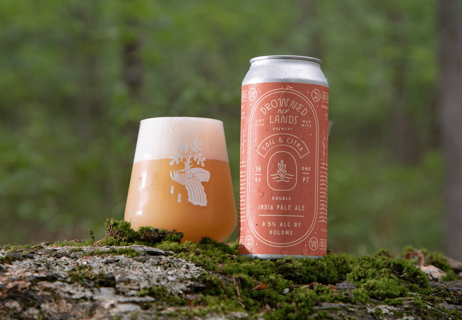 A can of Drowned Lands Soil & Citra India Pale Ale next to a glass filled with beer, both placed on a mossy surface outdoors with a blurred green forest background.