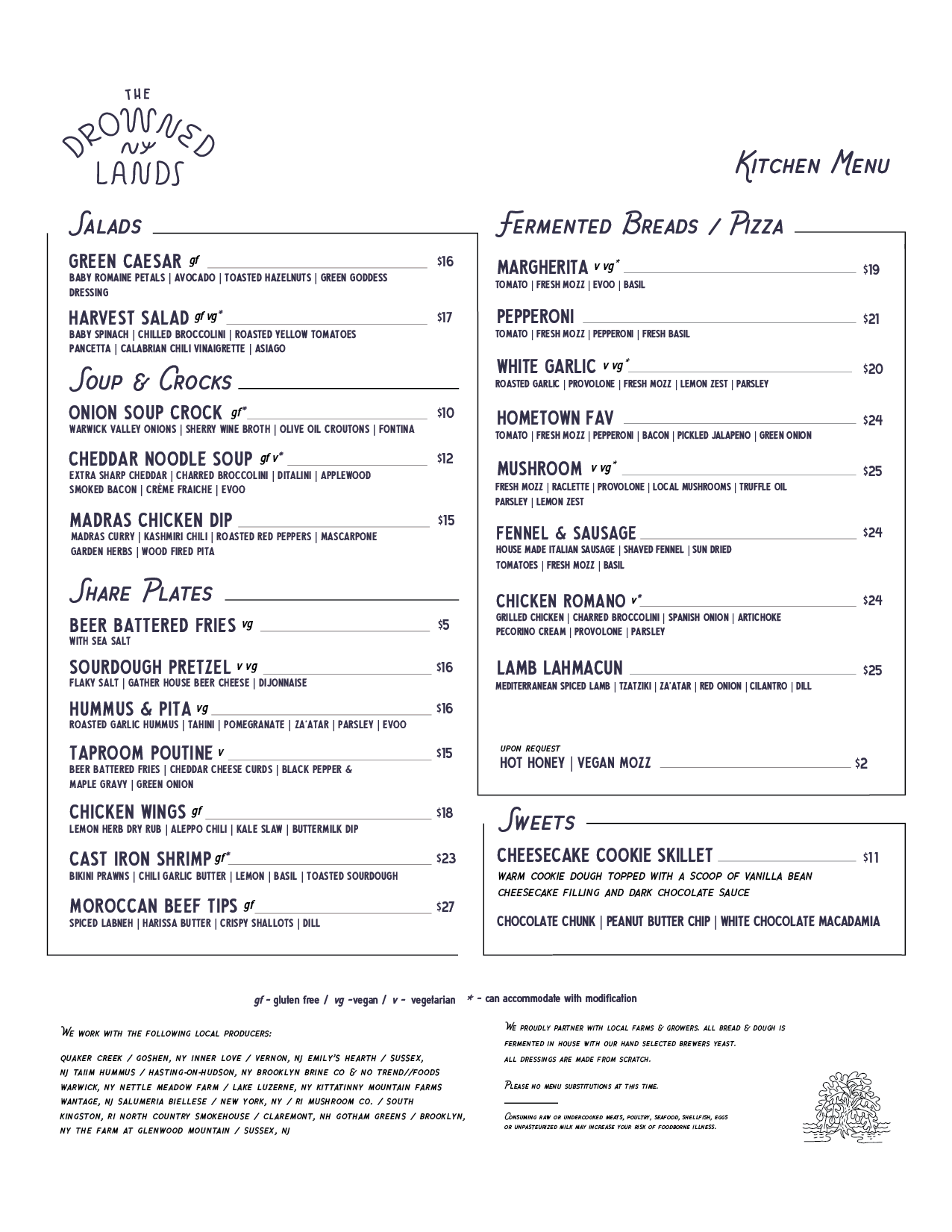 A menu titled 'The Downtown Lands' featuring sections for salads, soup, small plates, fermented breads, and pizza. Items include green Caesar salad, harvest salad, onion soup crock, lobster bisque, beer battered fries, sourdough pretzel, hummus and pita, octopus, chicken wings, steak tips, Margherita pizza, pepperoni pizza, hometown favorite pizza, white garlic, brussica, mushroom, bresaola and arugula, lamb lahmacun, and others with prices listed.