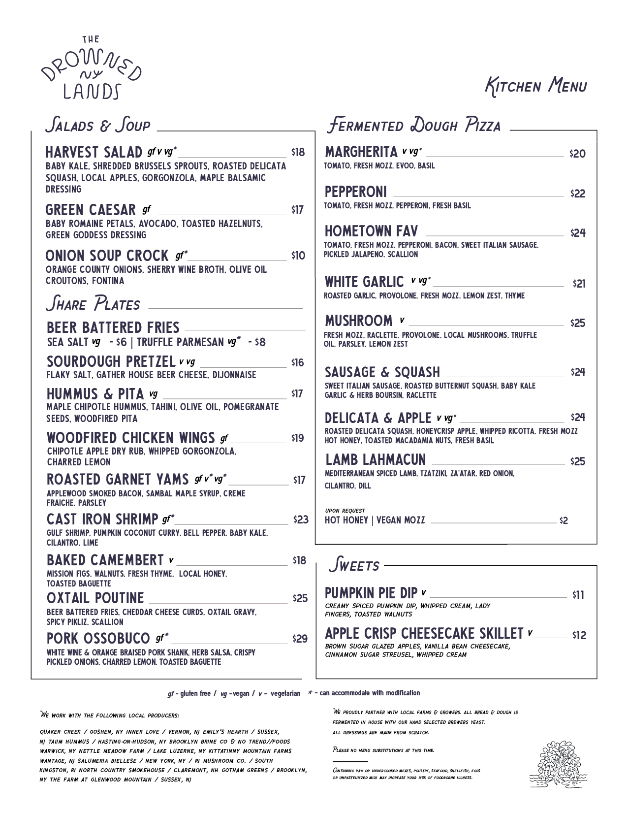 A menu titled 'The Downtown Lands' featuring sections for salads, soup, small plates, fermented breads, and pizza. Items include green Caesar salad, harvest salad, onion soup crock, lobster bisque, beer battered fries, sourdough pretzel, hummus and pita, octopus, chicken wings, steak tips, Margherita pizza, pepperoni pizza, hometown favorite pizza, white garlic, brussica, mushroom, bresaola and arugula, lamb lahmacun, and others with prices listed.