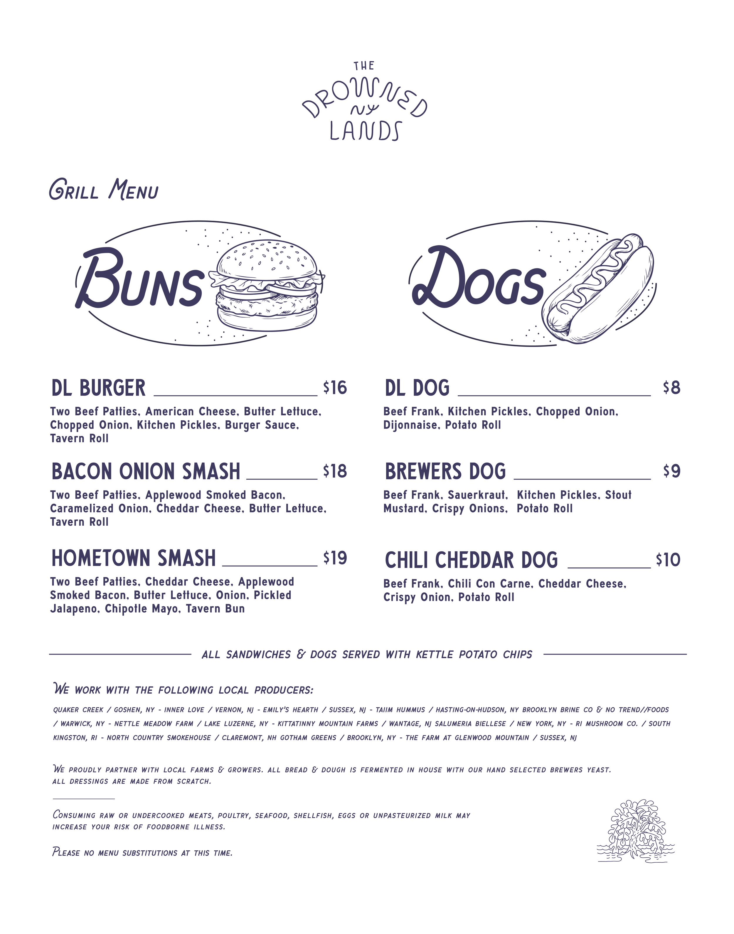 Restaurant menu featuring grilled and smoked meats, including hot dogs, burgers, shrimp, cheese, and reuben sandwiches, with prices and descriptions.
