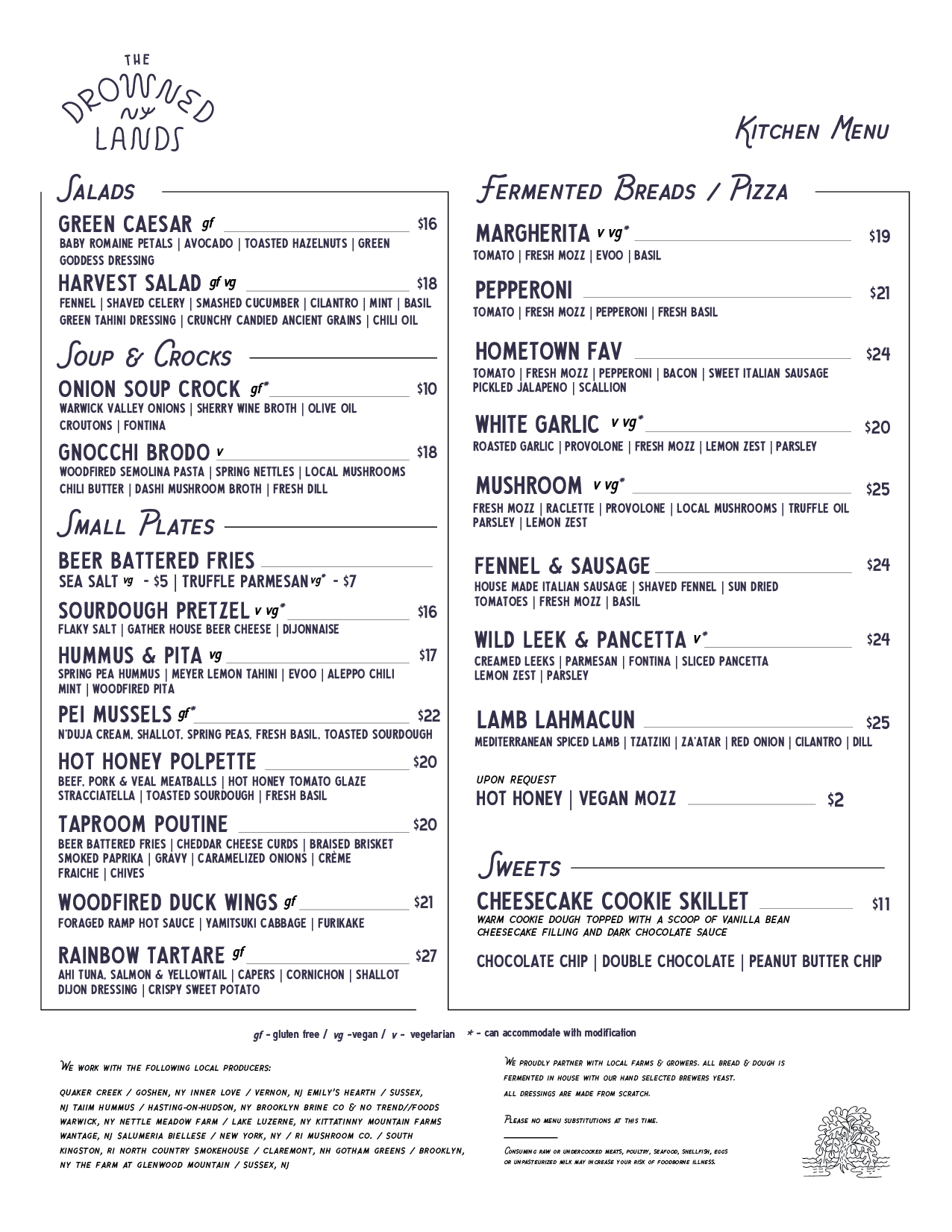 A menu titled 'The Downtown Lands' featuring sections for salads, soup, small plates, fermented breads, and pizza. Items include green Caesar salad, harvest salad, onion soup crock, lobster bisque, beer battered fries, sourdough pretzel, hummus and pita, octopus, chicken wings, steak tips, Margherita pizza, pepperoni pizza, hometown favorite pizza, white garlic, brussica, mushroom, bresaola and arugula, lamb lahmacun, and others with prices listed.