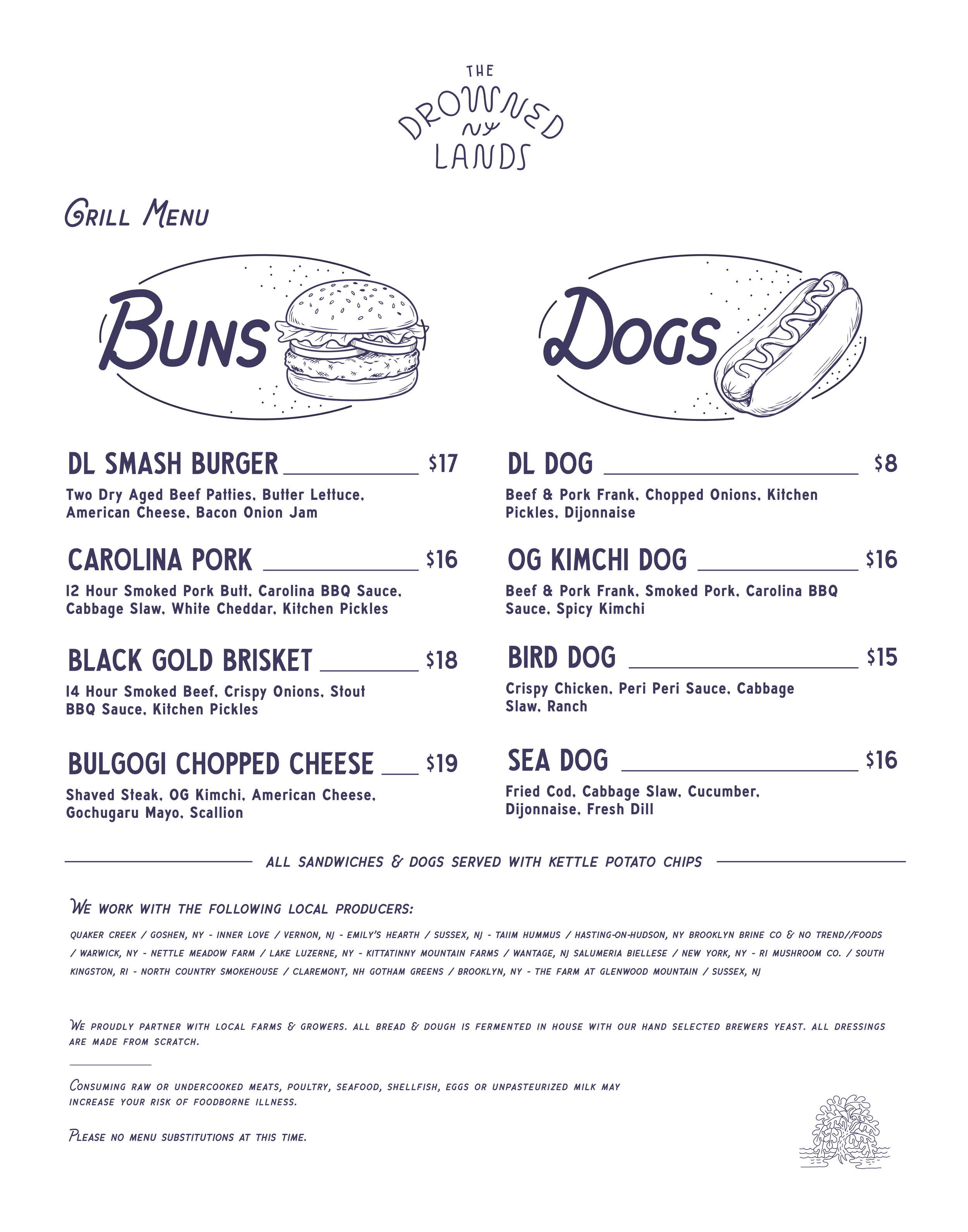 Restaurant menu featuring grilled and smoked meats, including hot dogs, burgers, shrimp, cheese, and reuben sandwiches, with prices and descriptions.