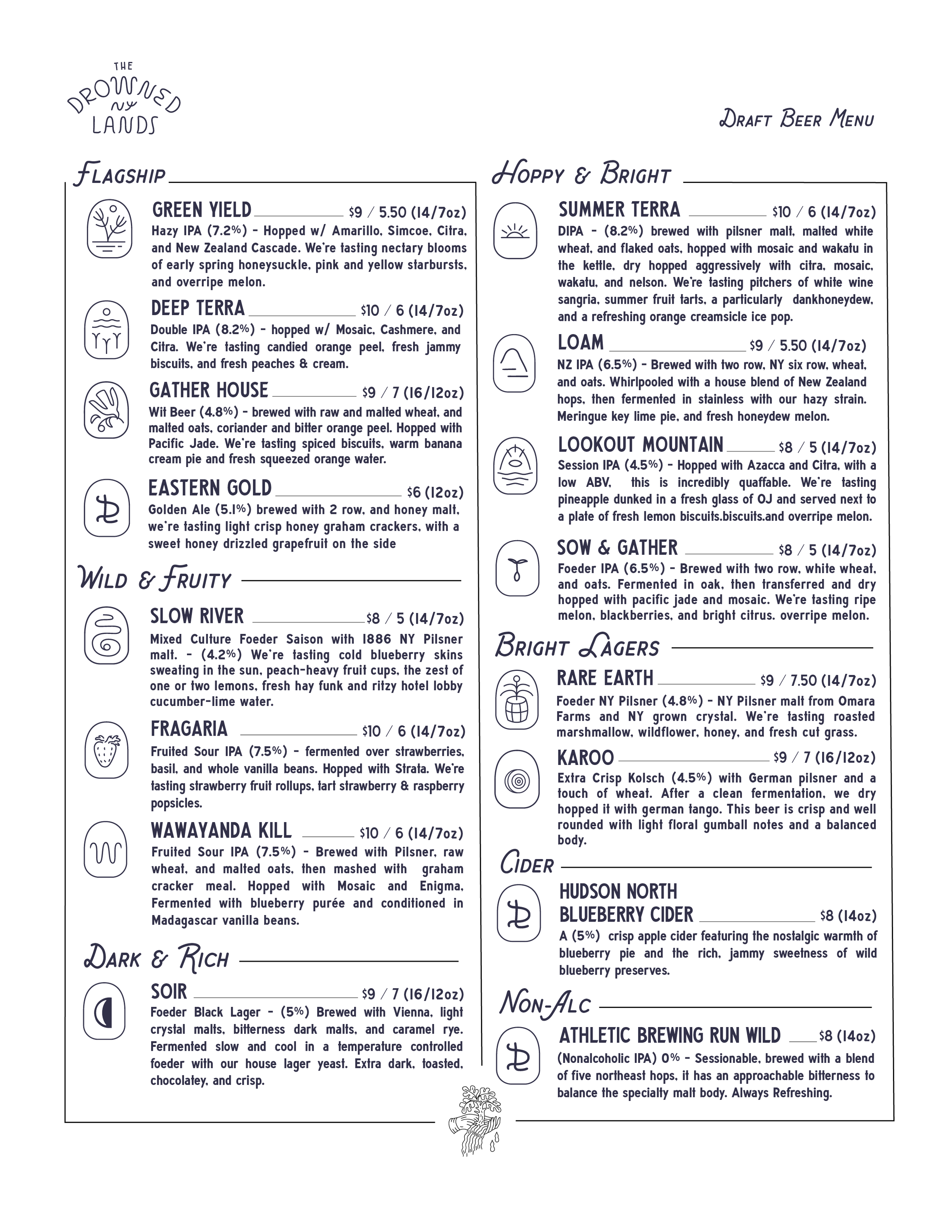 Draft beer menu with sections for 'The Drowned Lands,' featuring various beers, and 'Draft Beer Menu,' listing different beers with descriptions and prices.