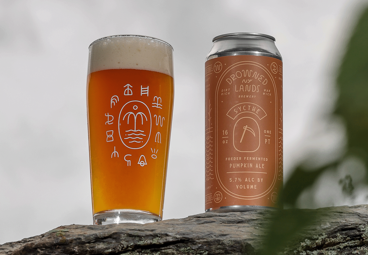 A glass of pumpkin ale with a foamy head next to a can of Drowned Lands Brewery pumpkin ale on a log, with a cloudy sky in the background.