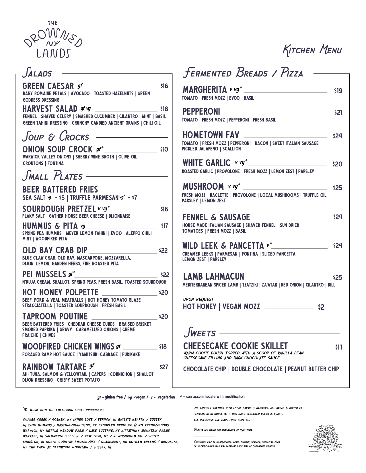 A menu titled 'The Downtown Lands' featuring sections for salads, soup, small plates, fermented breads, and pizza. Items include green Caesar salad, harvest salad, onion soup crock, lobster bisque, beer battered fries, sourdough pretzel, hummus and pita, octopus, chicken wings, steak tips, Margherita pizza, pepperoni pizza, hometown favorite pizza, white garlic, brussica, mushroom, bresaola and arugula, lamb lahmacun, and others with prices listed.