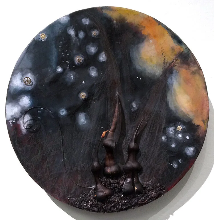 la noche de extraños, 2016, 12" diameter, encaustic, watercolor, colored pencil, graphite, crystal rhinestones, Oaxacan seed pods, soil, watch parts,on sagger fired ceramic platter