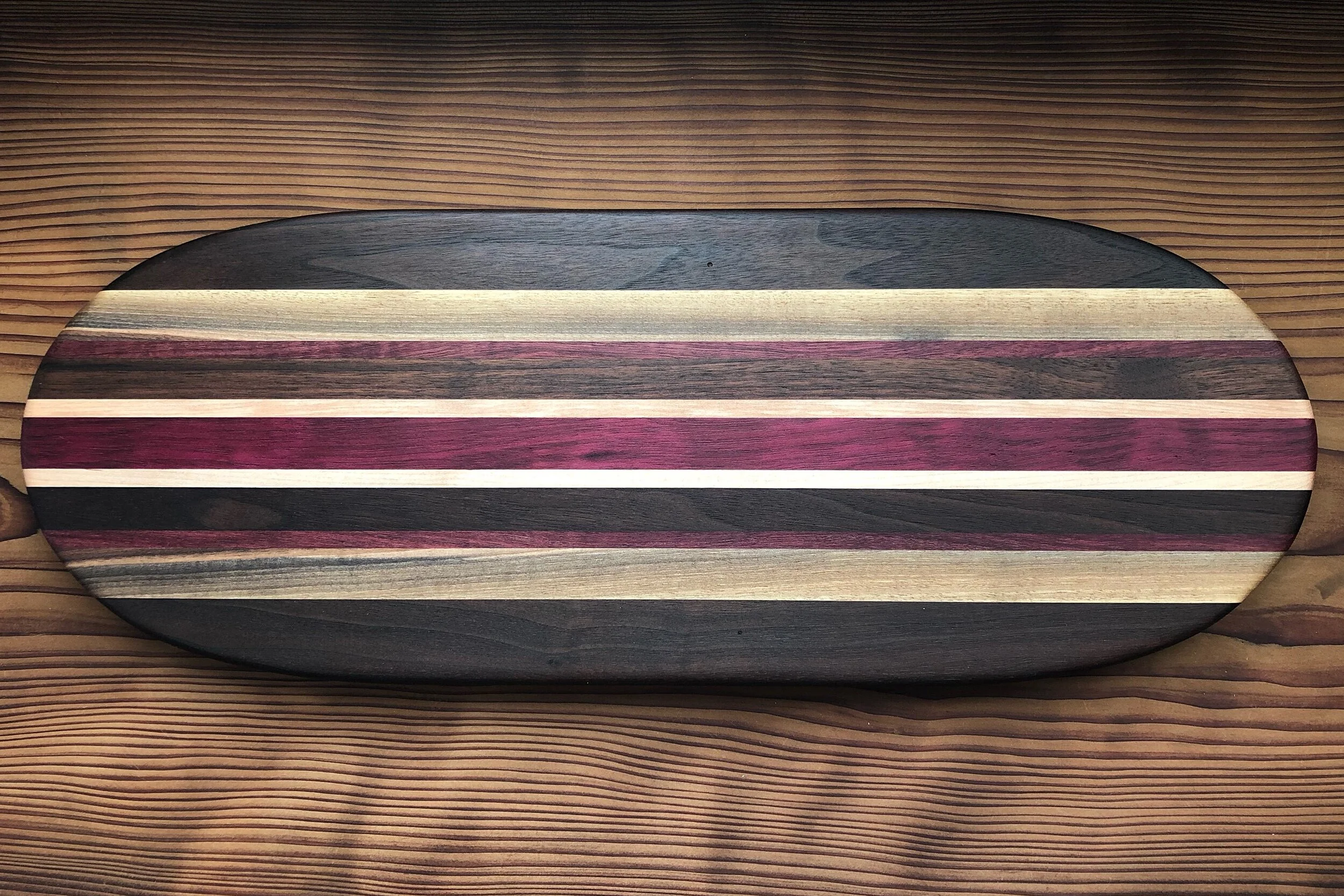 Sold - Charcuterie, black walnut, maple, purple heart