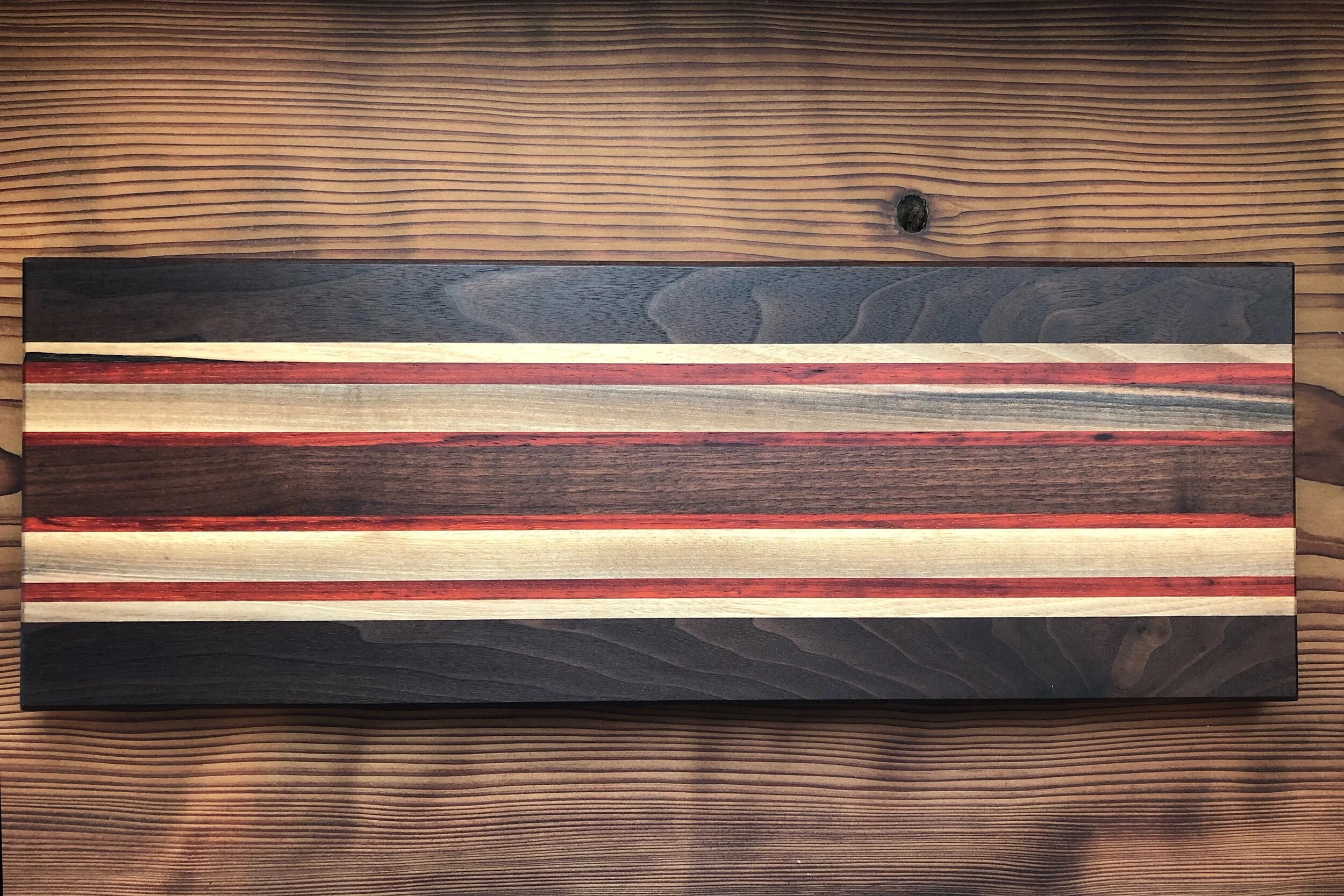 Sold ~  Charcuterie, black walnut, padauk, maple