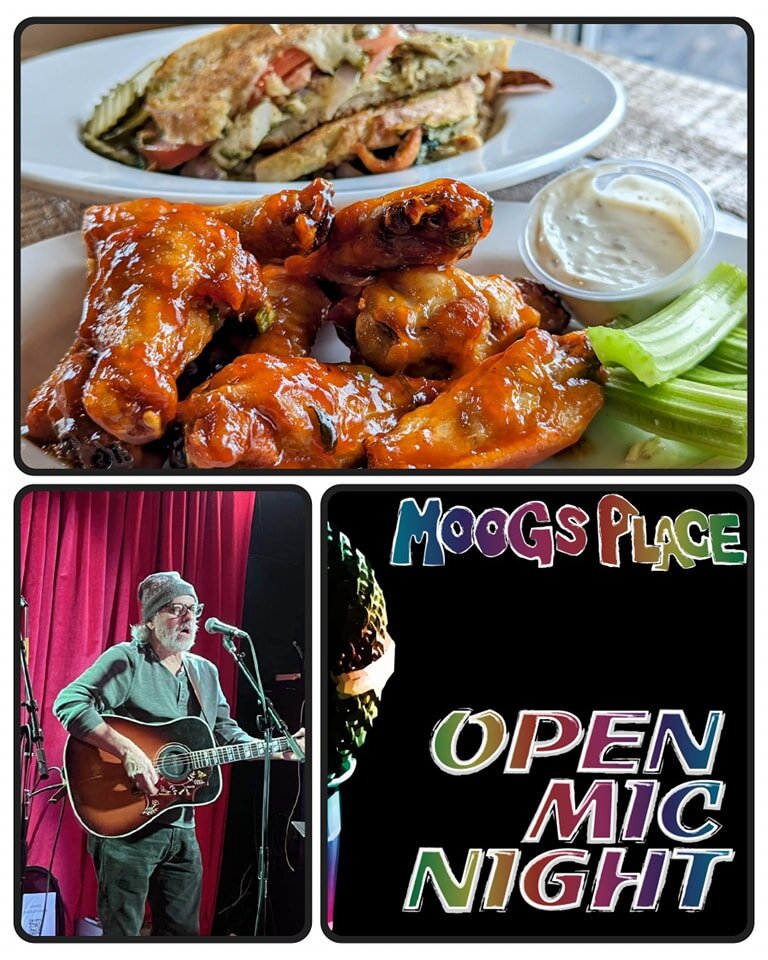 It's Thursday! Join us at Moogs Place for a great time! Open Mic starts at 8 pm with David Karl Roberts hosting this week! Come early and grab some dinner! Here is what is on the specials board for ya:
&bull; Tomato basil soup
&bull; Roasted garlic h