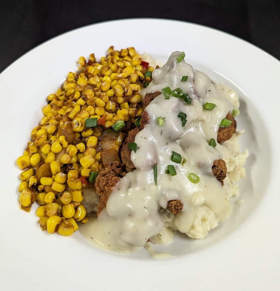 Happy Tuesday! That means we've got the popcorn fried chicken bowl on the specials board! It's got awesome popcorn fried chicken over mashed potatoes topped with a corn,onion &amp; pepper medley with cheddar cheese &amp; gravy! Our soup this evening 
