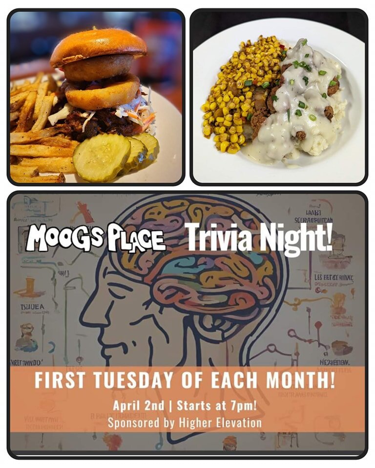 Keeping it rolling on this sunny Tuesday at Moogs Place! Trivia starts at 7pm Cameron always has great categories for us! As far as specials go we have the good stuff there too!
&bull; cheddar ale soup with croutons
&bull; pulled pork sandwich topped