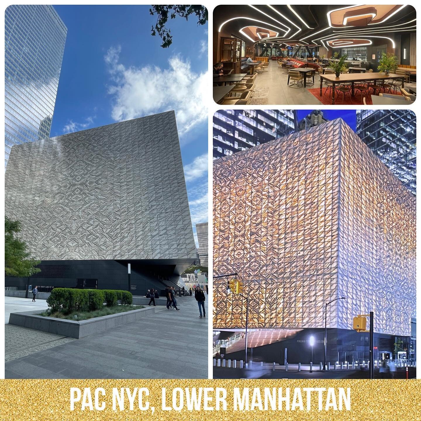 #PACNYC is a #brandnew #performingartscenter in #LowerManhattan #cuttingedgearchitecture by #REX The #cube is covered in 5000 panels of veined #Portuguese marble which glows from within at night. The restaurant/bar is already a busy #workhub for loca