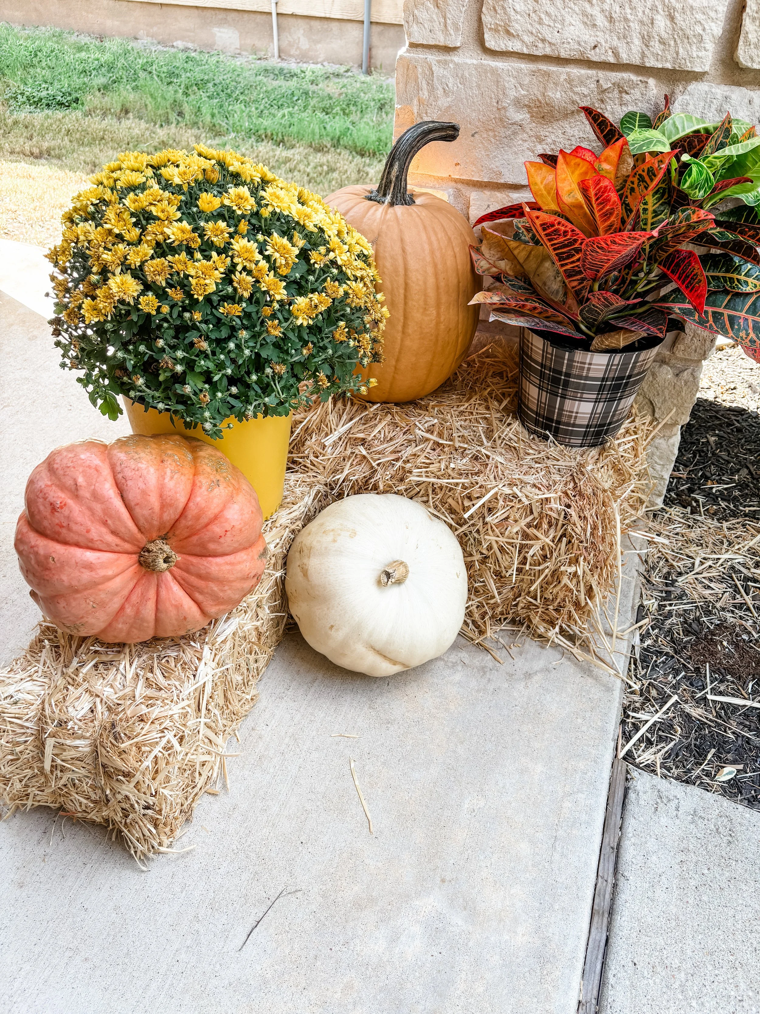 Autumn decor with pumpkins, potted plants, and hay on a concrete porch