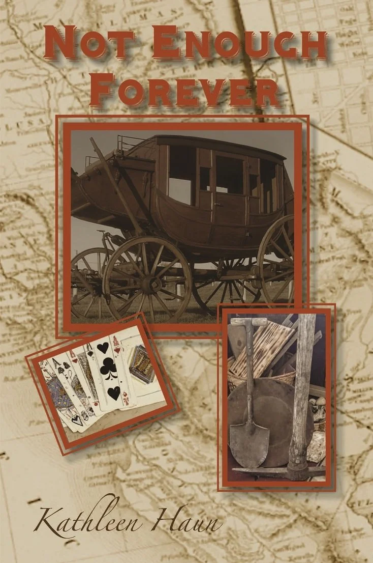 Book Cover with Stage Coach, 4 Aces Cards, and Mining Equipment