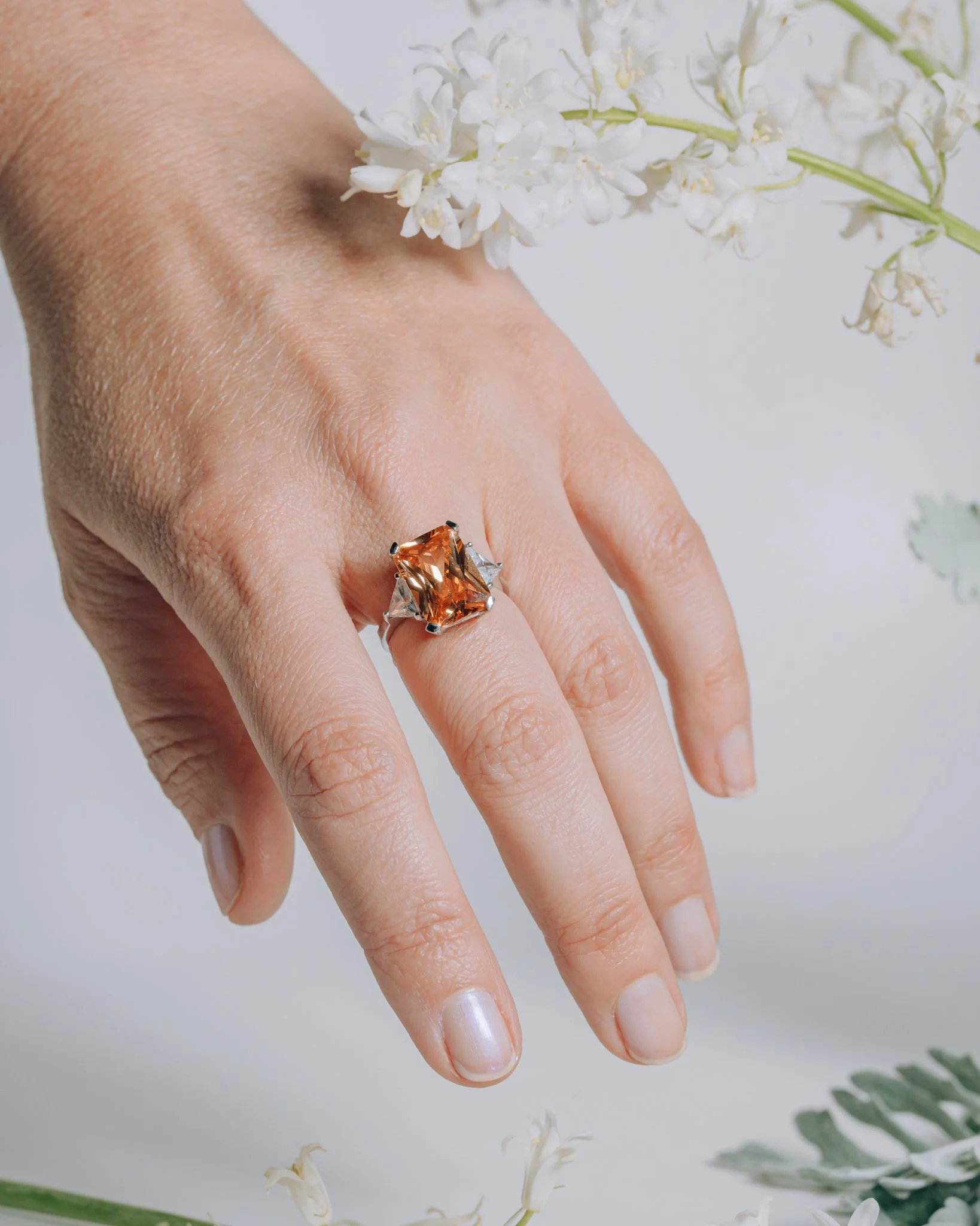 Sz 7.25 Peachy Faceted Crystal and CZ Sterling Ring