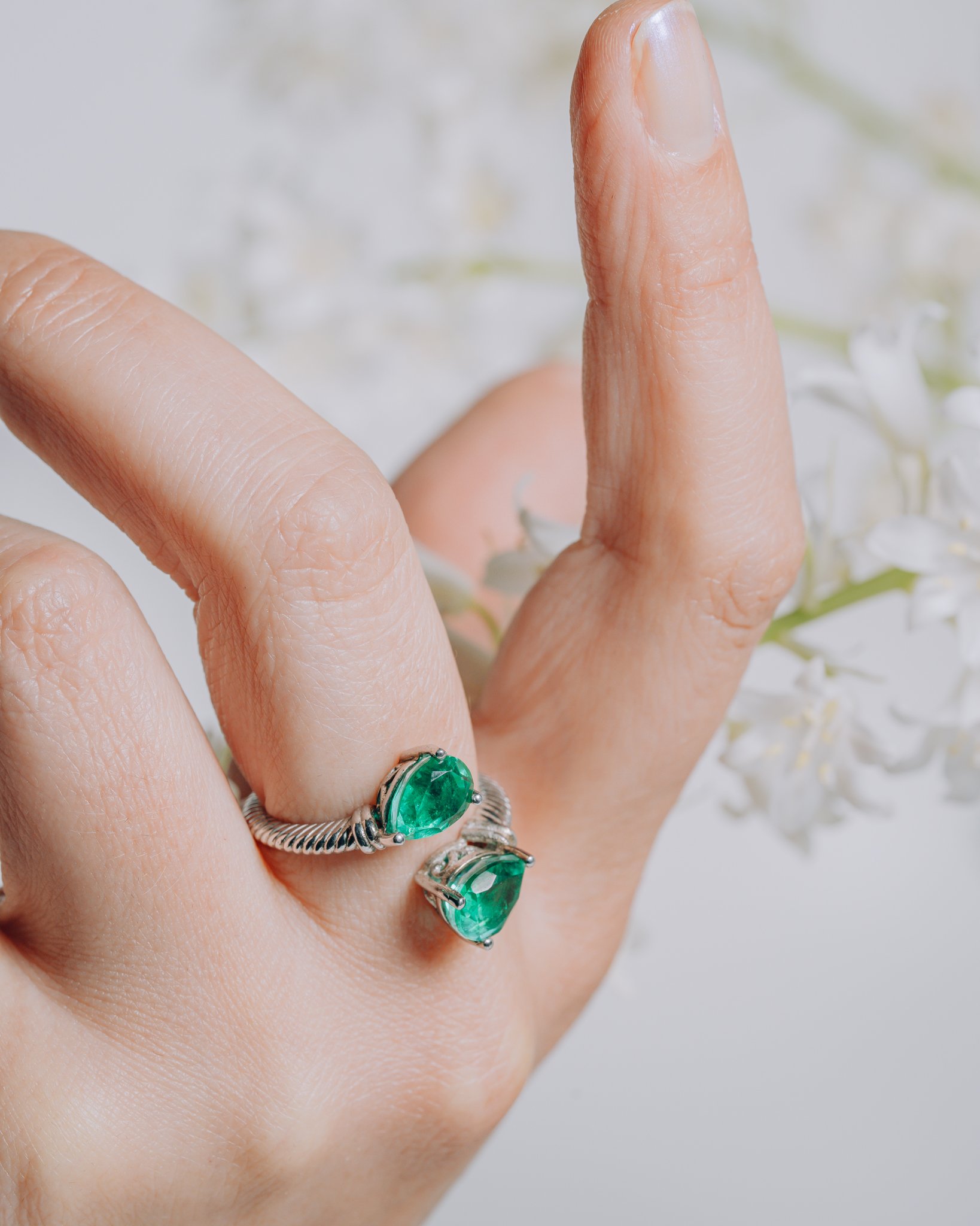 Sz 6.5 Faceted Emerald Pear CZ Sterling Bypass Ring
