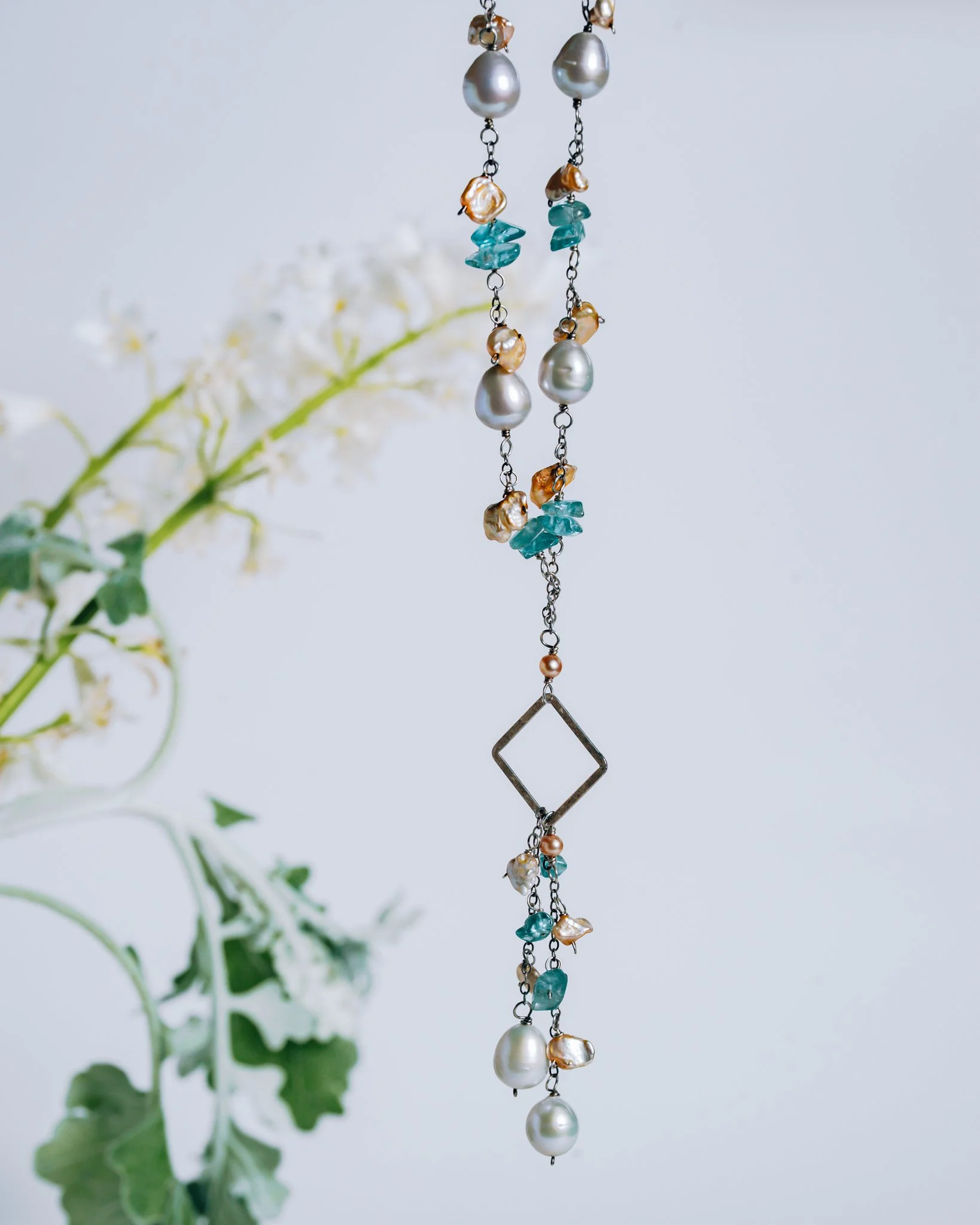 Natural Pearl and Sea Glass Sterling Y Necklace