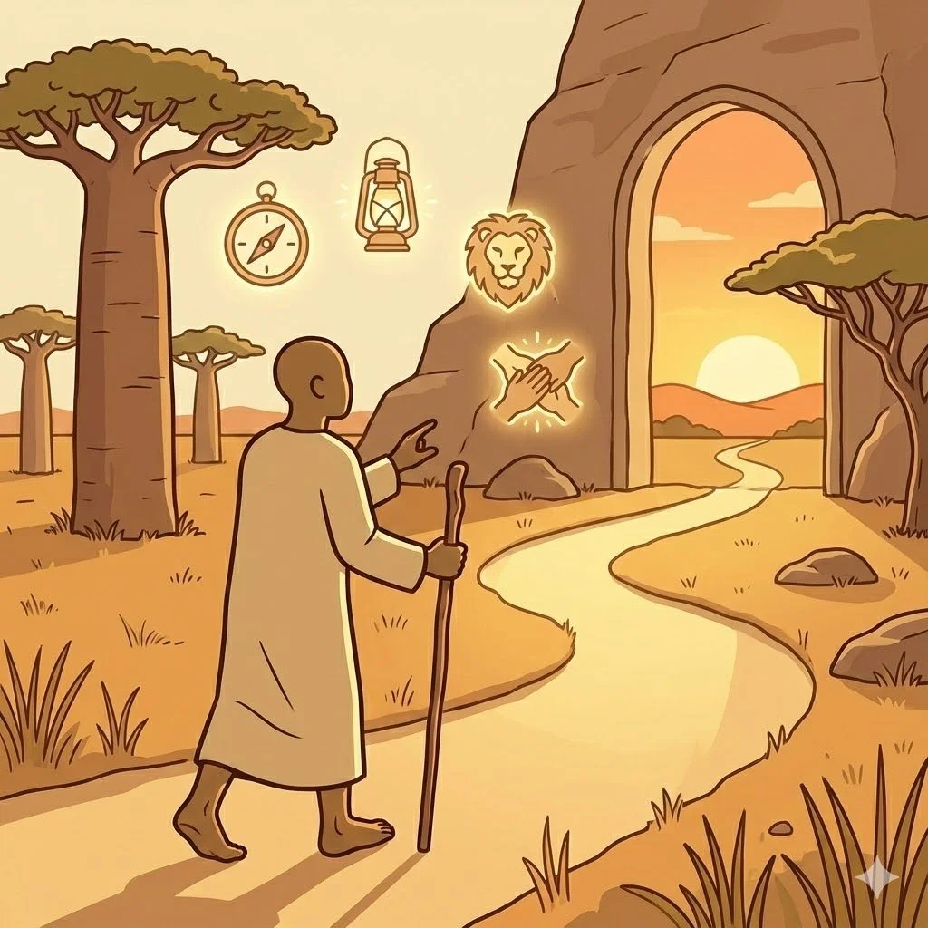 A person walking on a path towards a bright entrance, with a lion symbol on a rock, surrounded by trees and a sunset in the background.