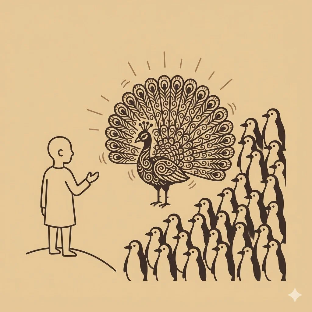 A person speaking to a large, ornate peacock, with a group of penguins watching.