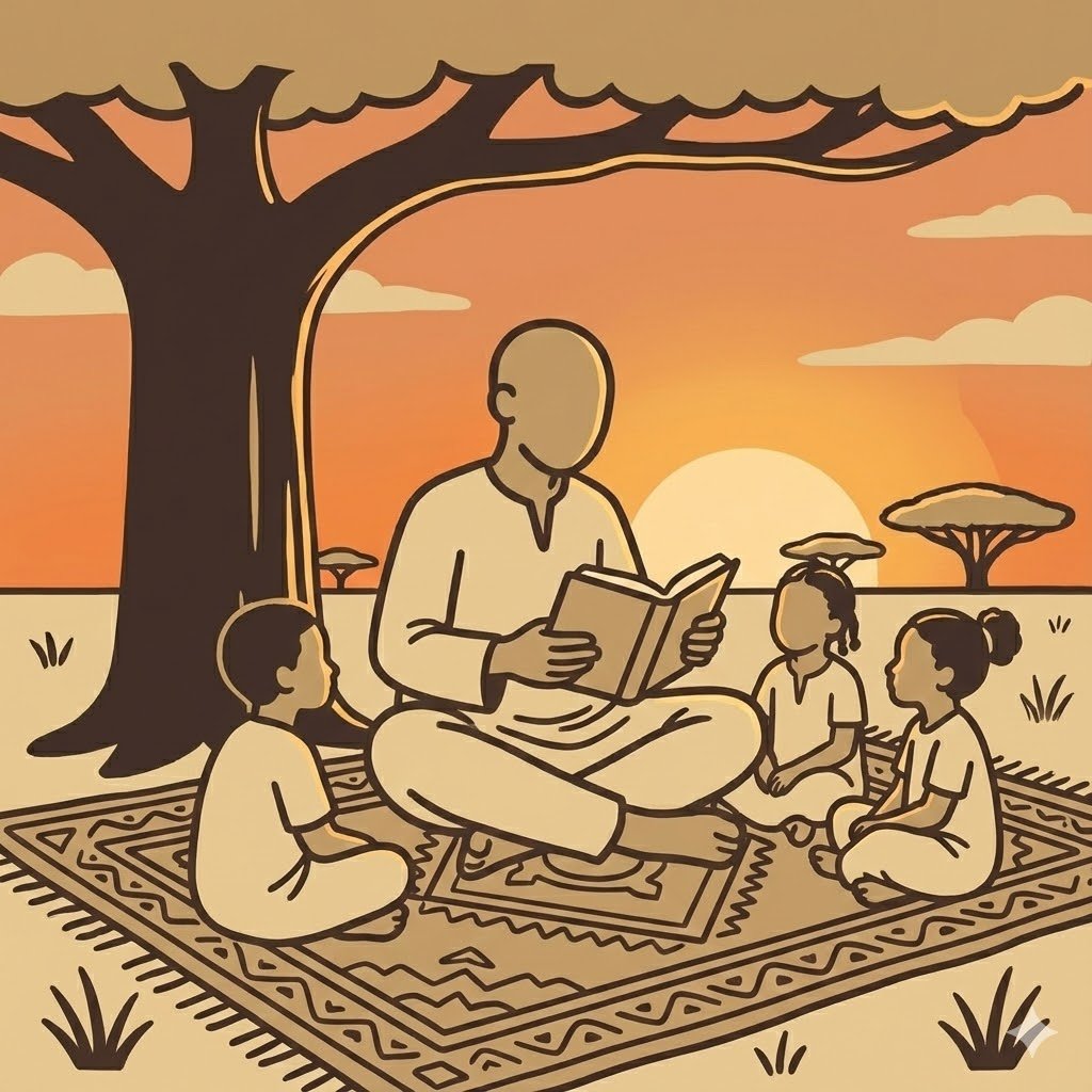 A person sitting on a patterned rug under a large tree, reading a book to three children during sunset in an outdoor setting with trees and grass in the background.