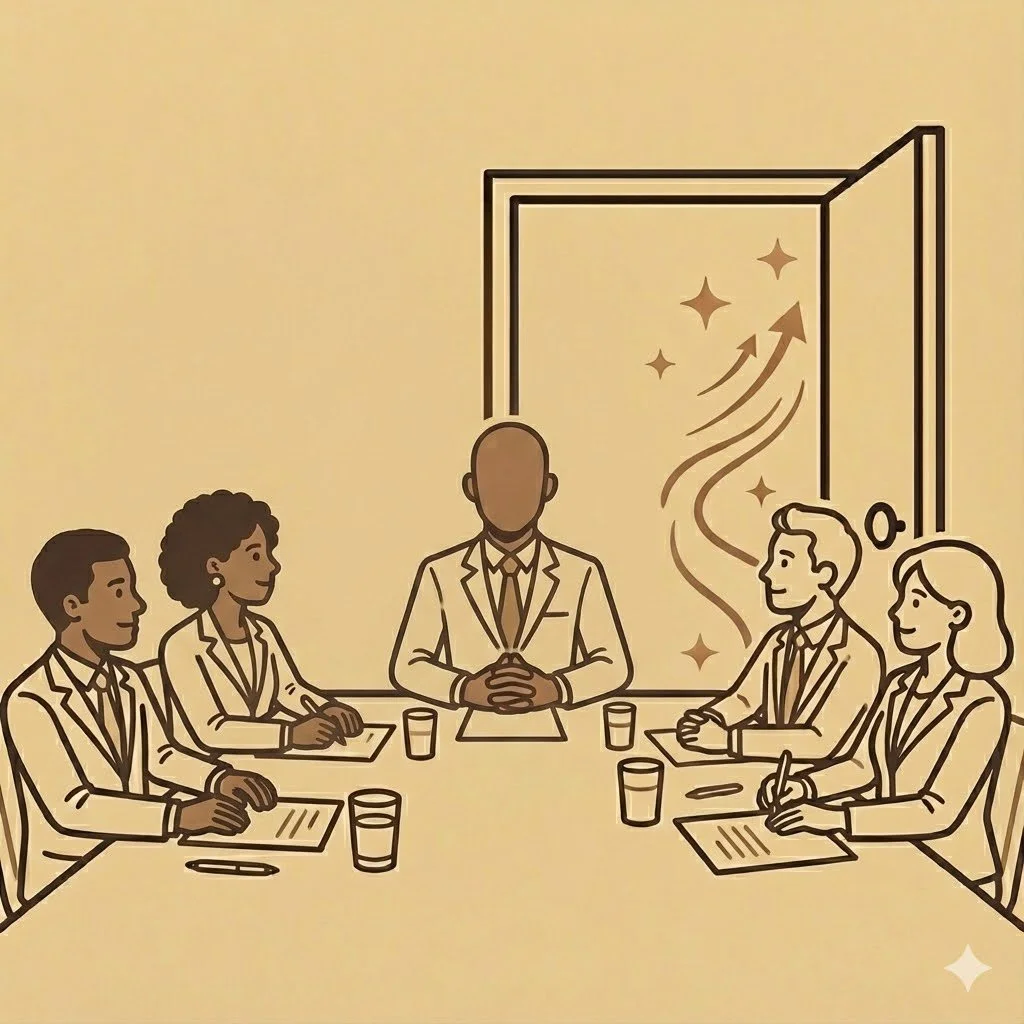 A professional meeting room with six individuals seated around a table, one person leading, with an open window showing upward arrows and sparkles, symbolizing progress or success.