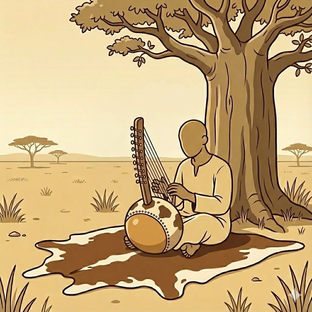A person sitting under a large tree playing a traditional stringed instrument in a savanna landscape.