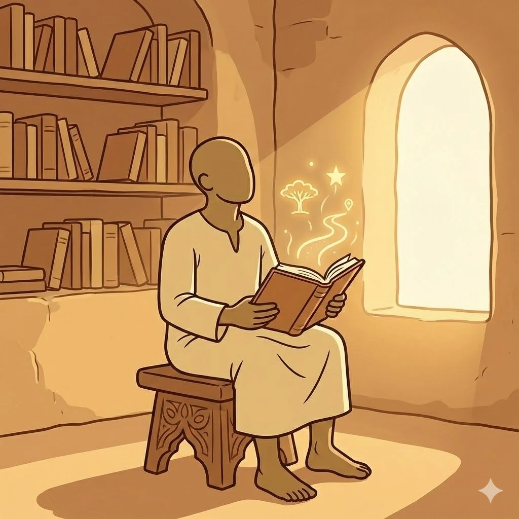 A person sitting on a wooden bench inside a room, reading a book. The room has a bookshelf filled with books and a bright arched window letting in sunlight.