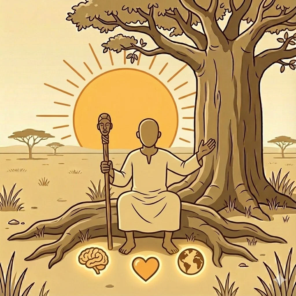A person sitting cross-legged under a large tree during sunset, holding a staff and a mask, with symbols of brain, heart, and globe glowing at their feet.