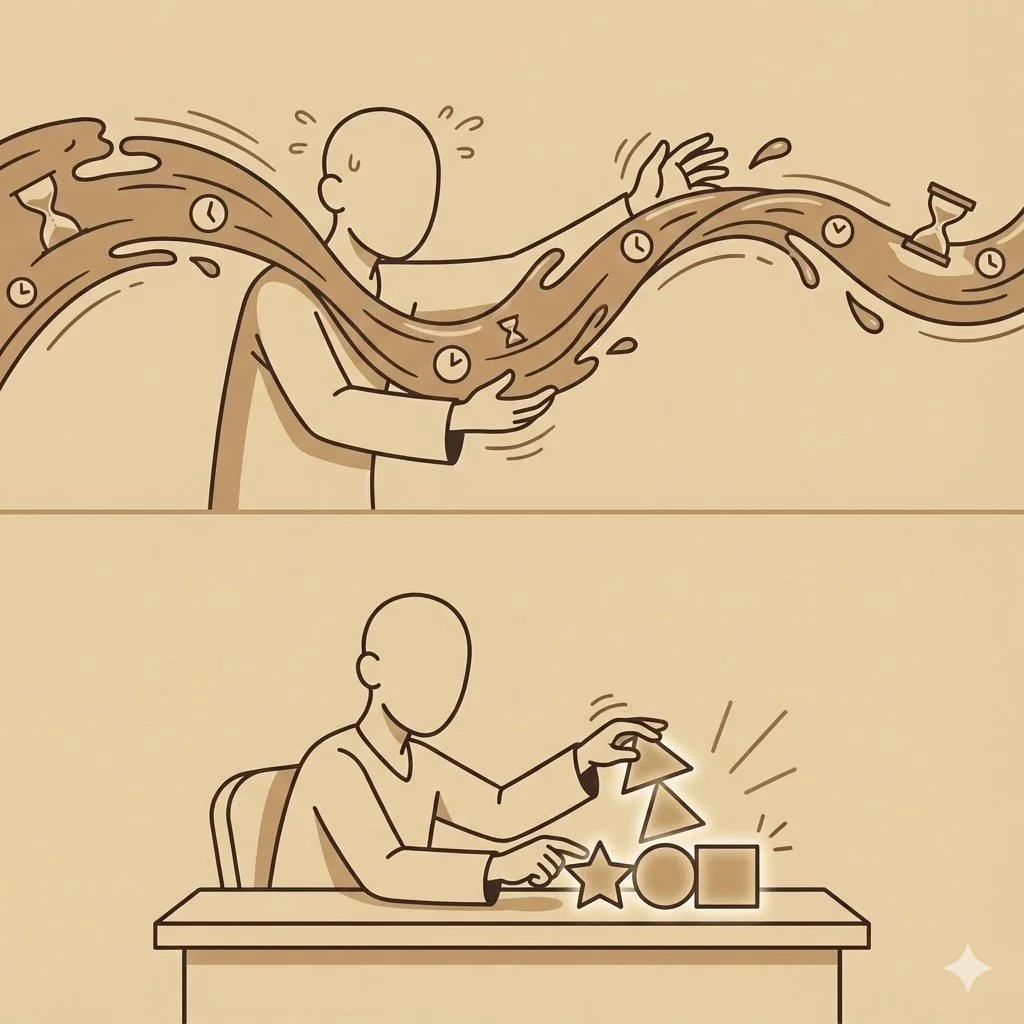 Illustration of a person overwhelmed by swirling clocks and hourglasses, with a second person sorting geometric shapes, representing time and task management.