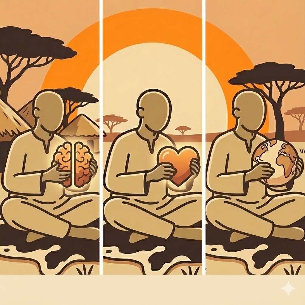 Illustration of three people sitting cross-legged in a savannah landscape with trees, mountains, and a sunset. Each person is holding a representation of a different concept: a brain, a heart, and the Earth.