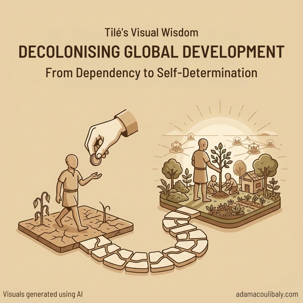 An illustration showing the concept of decolonizing global development. On the left, a person is planting crops in cracked soil, while on the right, a person is tending a small garden with trees, a house, and other people working together. A staircase made of stones connects the two scenes, representing progress or transformation.