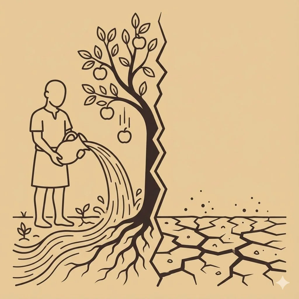 An illustration showing a person watering a healthy, fruit-bearing tree on one side, and a cracked, drought-affected land on the other side, symbolizing the impact of water on the environment.