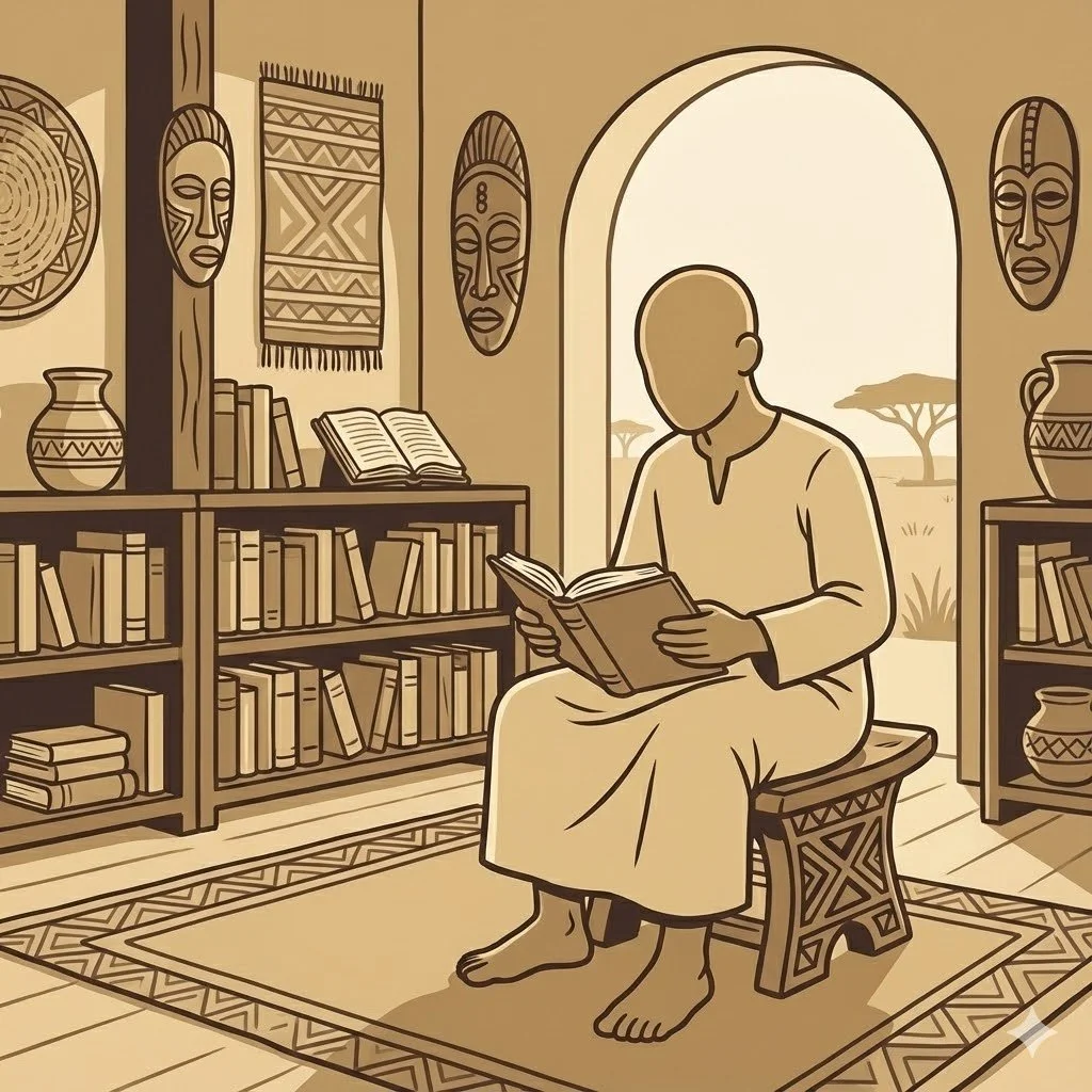 A person sitting on a small stool reading a book inside a room decorated with African art and pottery, with shelves of books and wall masks, and an open door leading outside to a savannah landscape with trees.