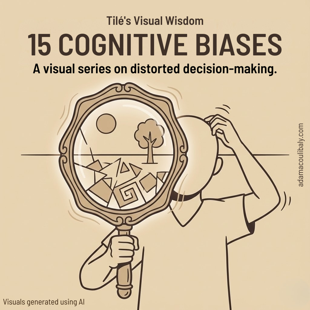 Illustration of a person holding a mirror reflecting a landscape with a sun, a tree, and geometric shapes, while the person adjusts their hair.