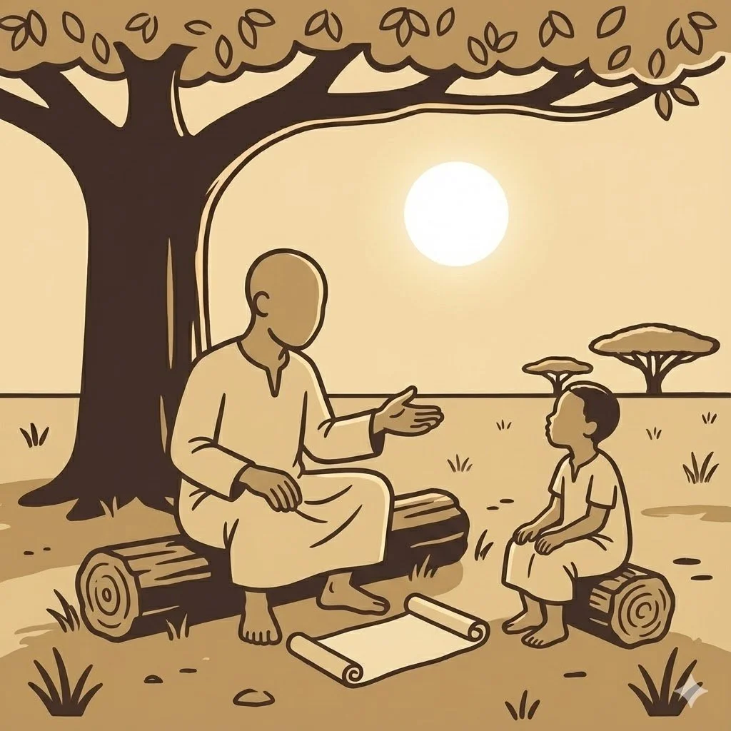 A man and a boy sitting on logs under a tree, having a conversation outdoors during sunset.