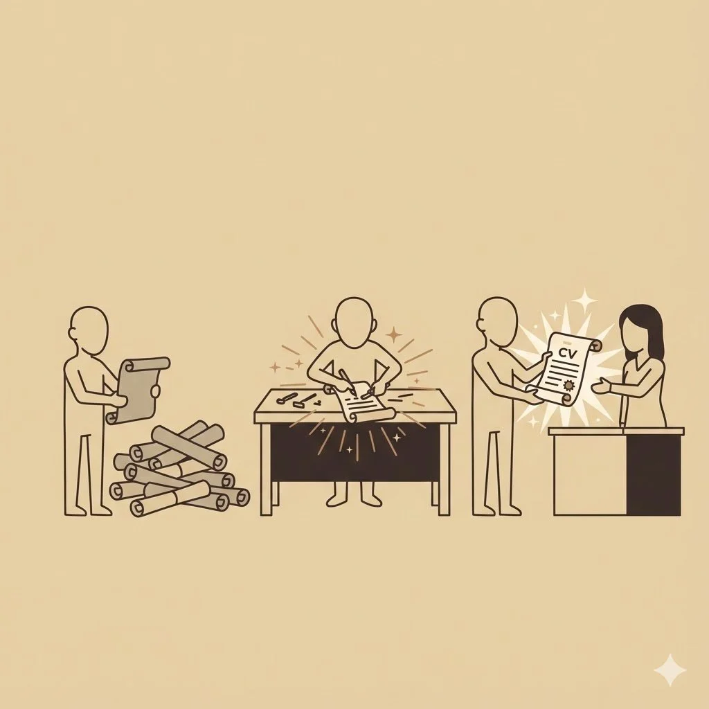 Illustration of a person applying for a job: gathering documents, working on a resume, and receiving a CV.