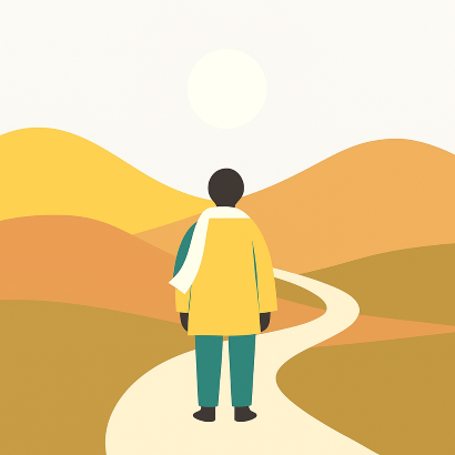 Illustration minimaliste d'un personnage à la tête jaune soleil se tenant sur un chemin sinueux à travers des collines dorées, dans une palette de couleurs calmes et terreuses.