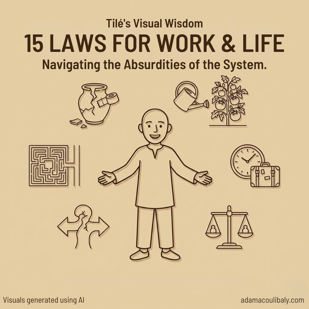 Illustration of a man surrounded by icons representing 15 laws for work and life, including a cracked vase, watering can, tree, maze, handshake, clock with briefcase, balance scale, and a person with arms open, with text reading "Tile's Visual Wisdom, 15 Laws for Work & Life, Navigating the Absurdities of the System."