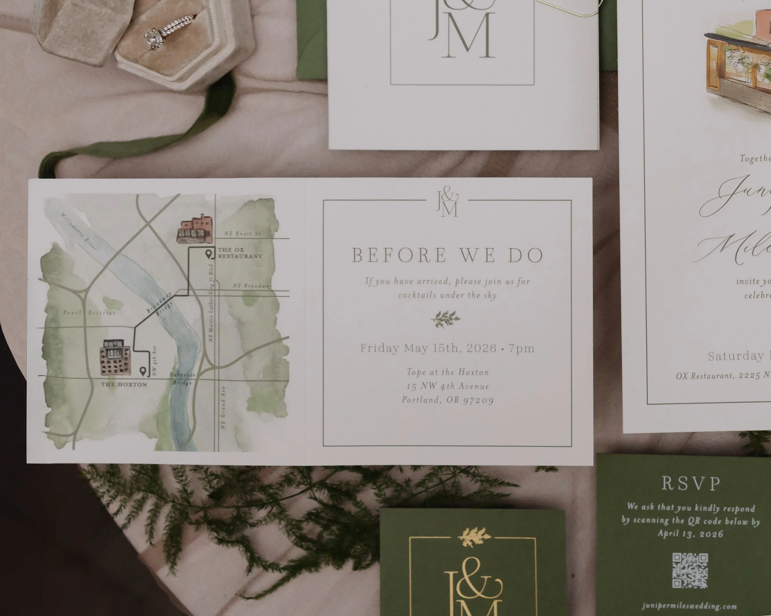 Watercolor invitation suite for Ox Restaurant wedding venue in Portland, Oregon with green and gold theme, monogram, RSVP card and custom map