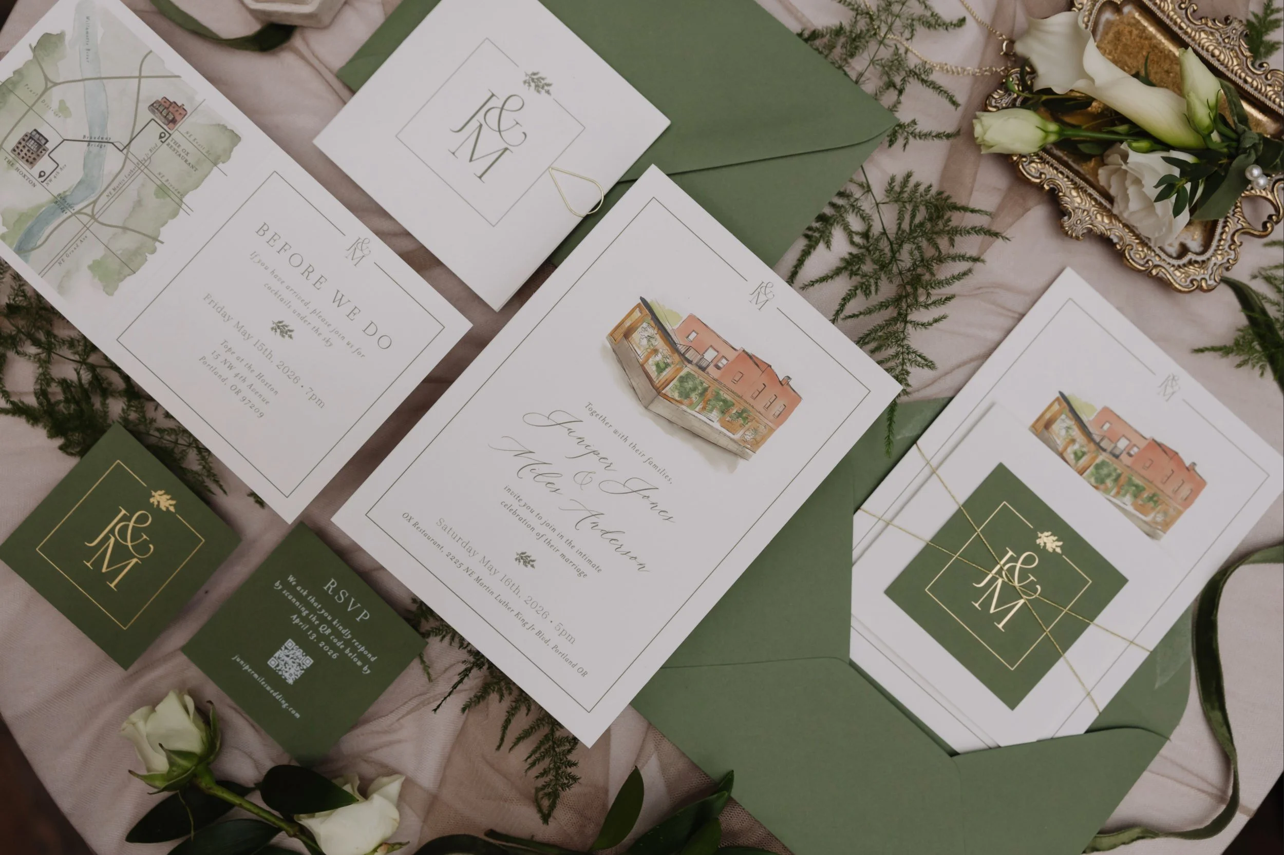 Invitation suite for Ox Restaurant wedding venue in Portland, Oregon with illustration of building and patio