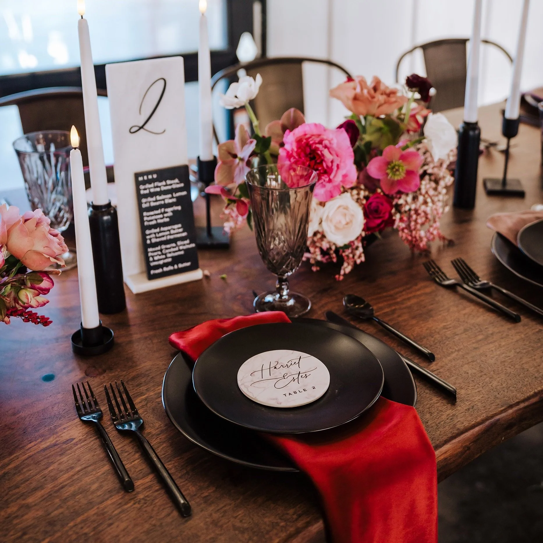 Black and white marbled coaster place card, table number and menu