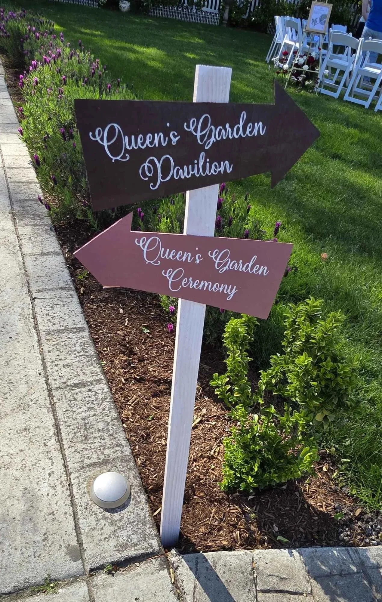 Alice in Wonderland wedding theme wooden arrow directional signage with calligraphy