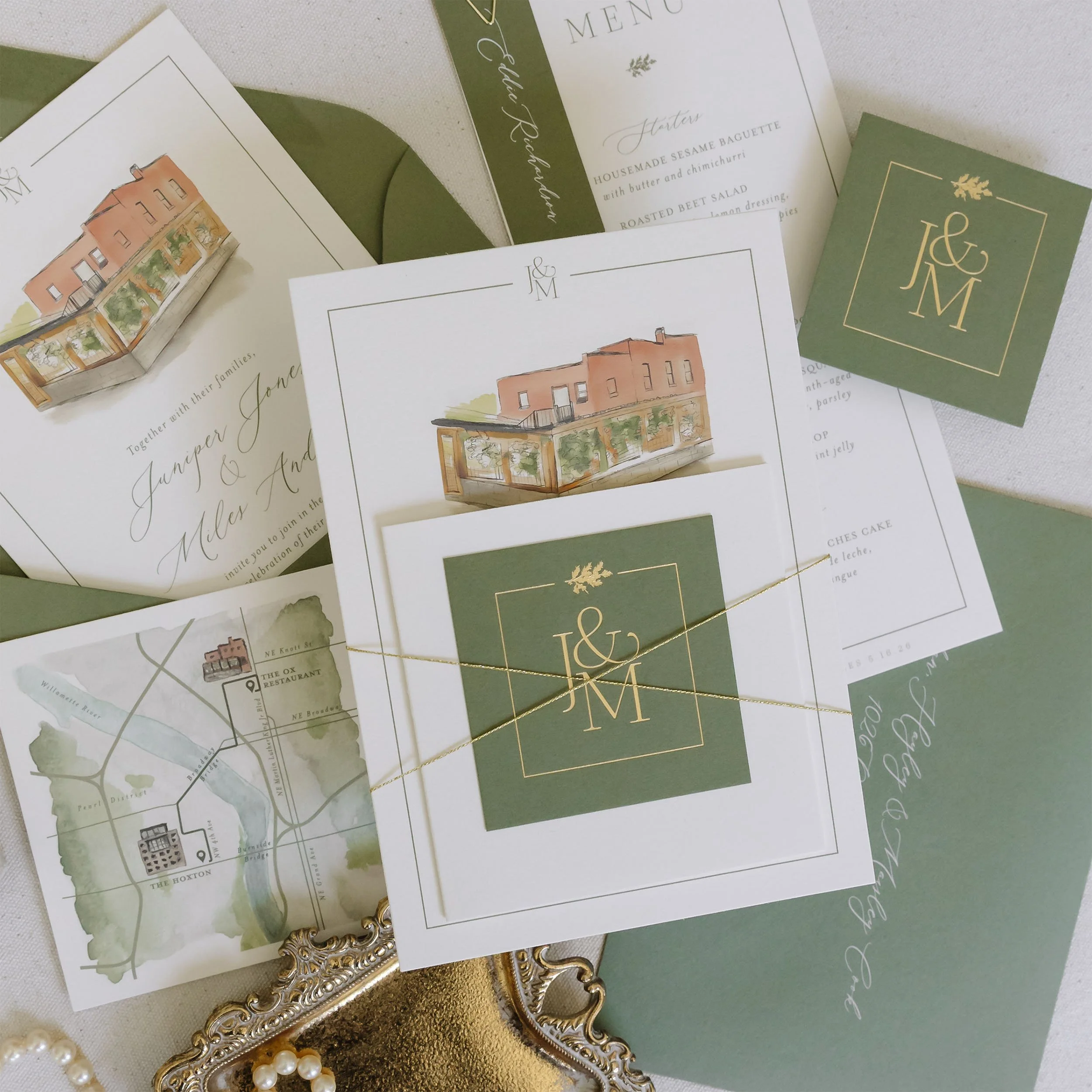 sage green invitation suite with gold foil and watercolor map illustration