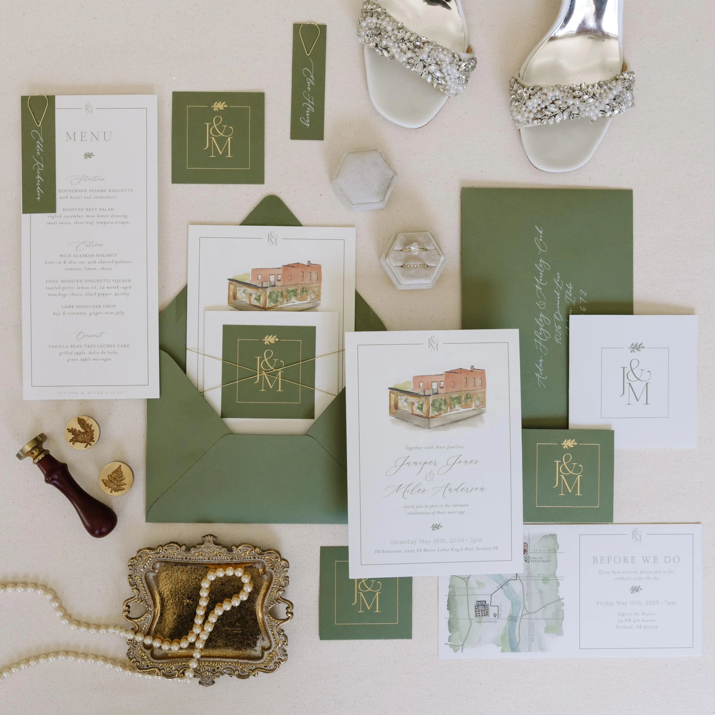 Watercolor invitation suite for Ox Restaurant wedding venue in Portland, Oregon with green and gold theme, monogram, RSVP card and custom map