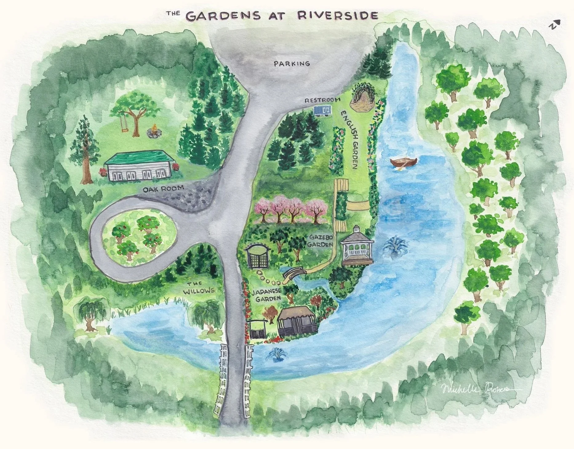 Watercolor map of Gardens at Riverside wedding venue location in Albany, Oregon featuring lake, bridge, orchard, gazebo, Japanese garden and English garden