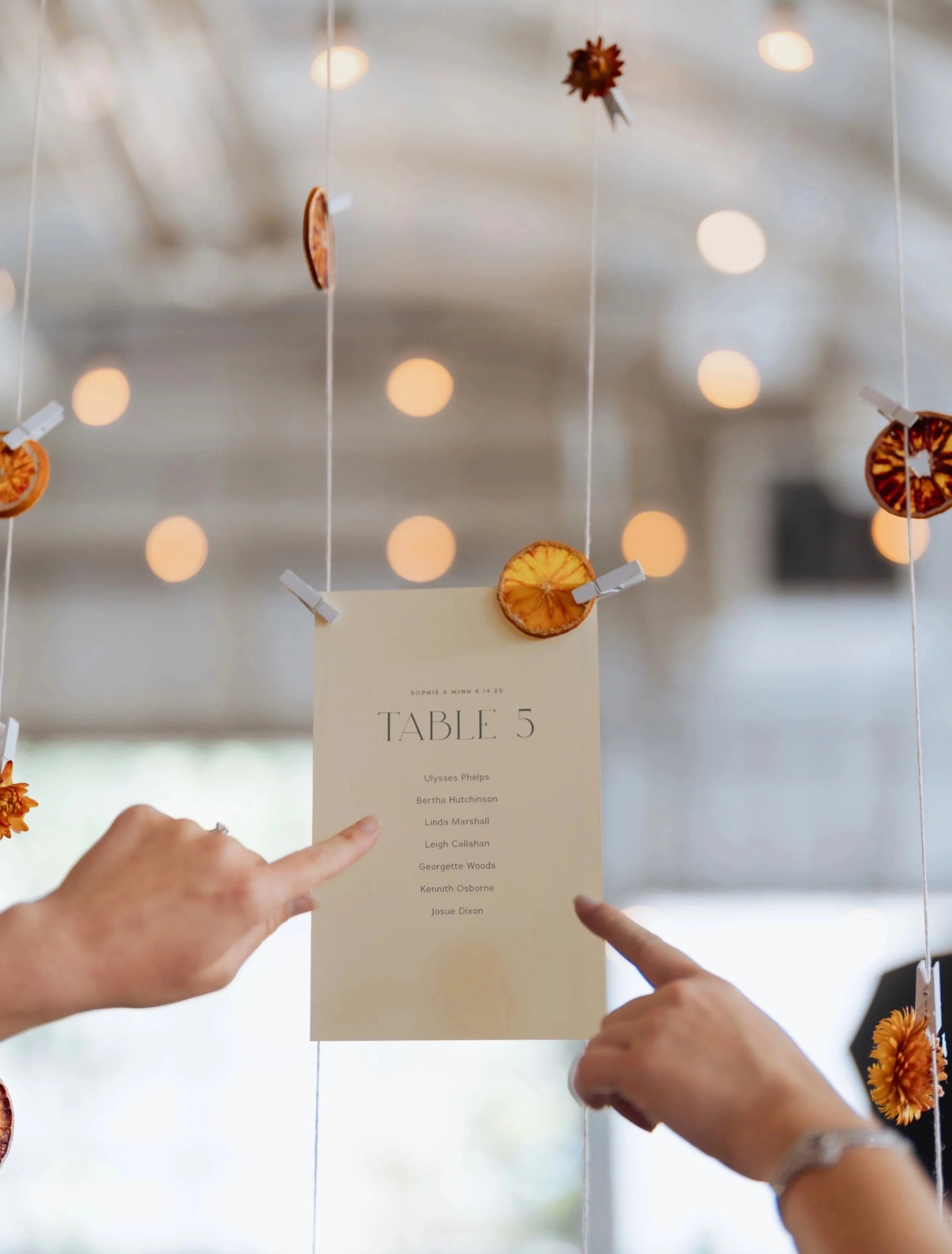 Wedding guests pointing at a custom seating chart sign with table number and guests' names strung up with dried flowers and citrus slices attached with clothespins