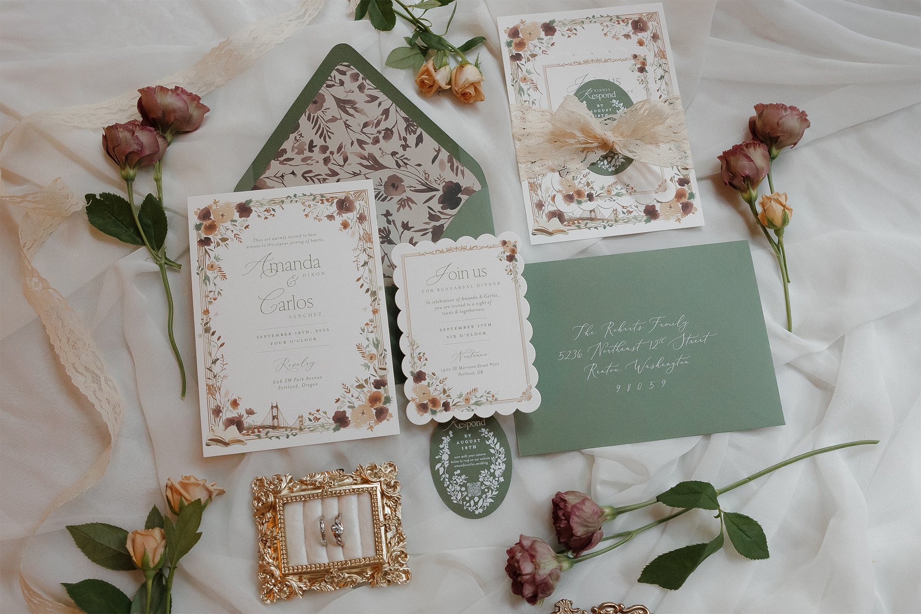 Portland Love story watercolor wedding invitation suite with scalloped edges, an envelope liner, oval RSVP card, and lace ribbon