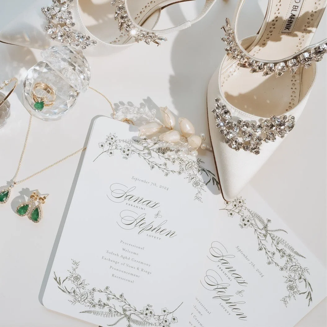 Wedding program fan with custom art of black and white flowers and ornate calligraphy