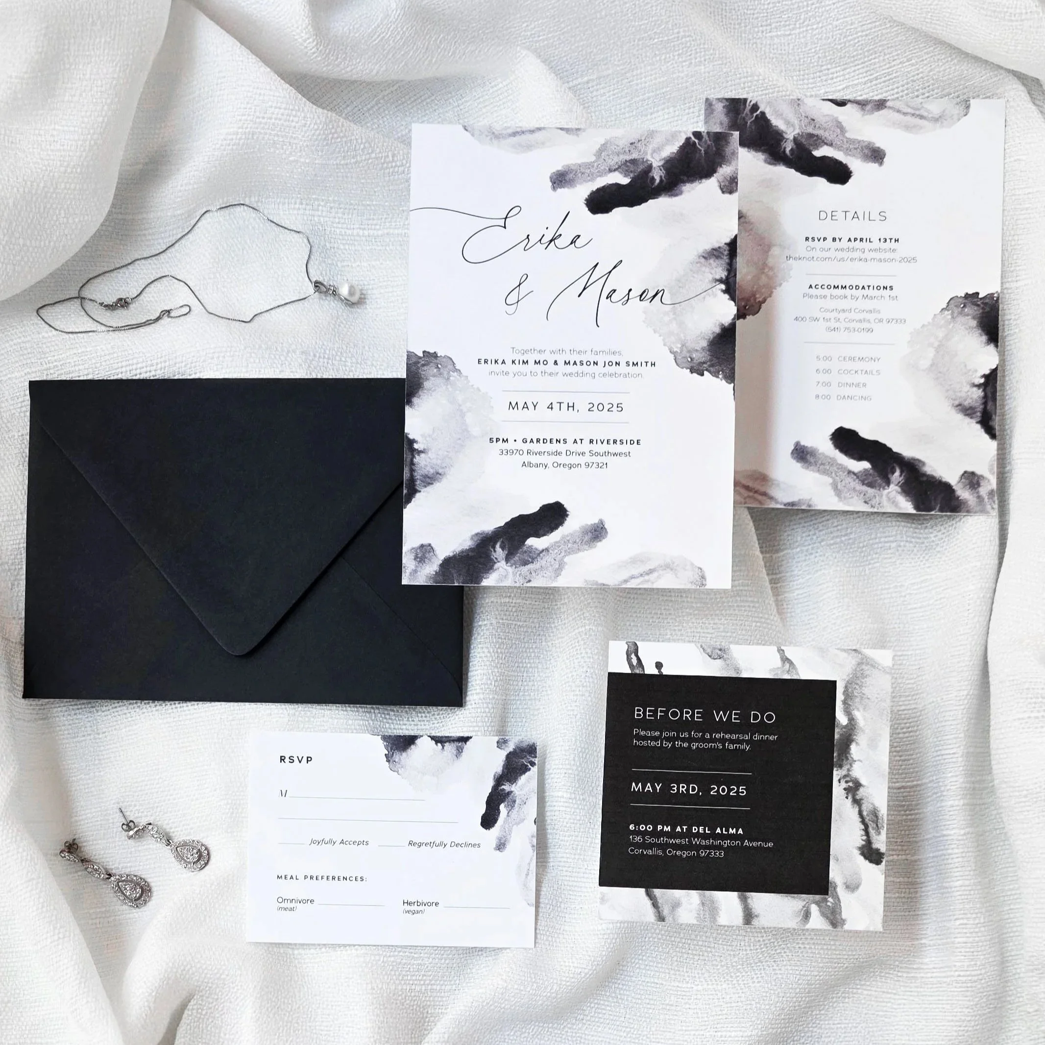 Black and white marbled watercolor wedding invitations