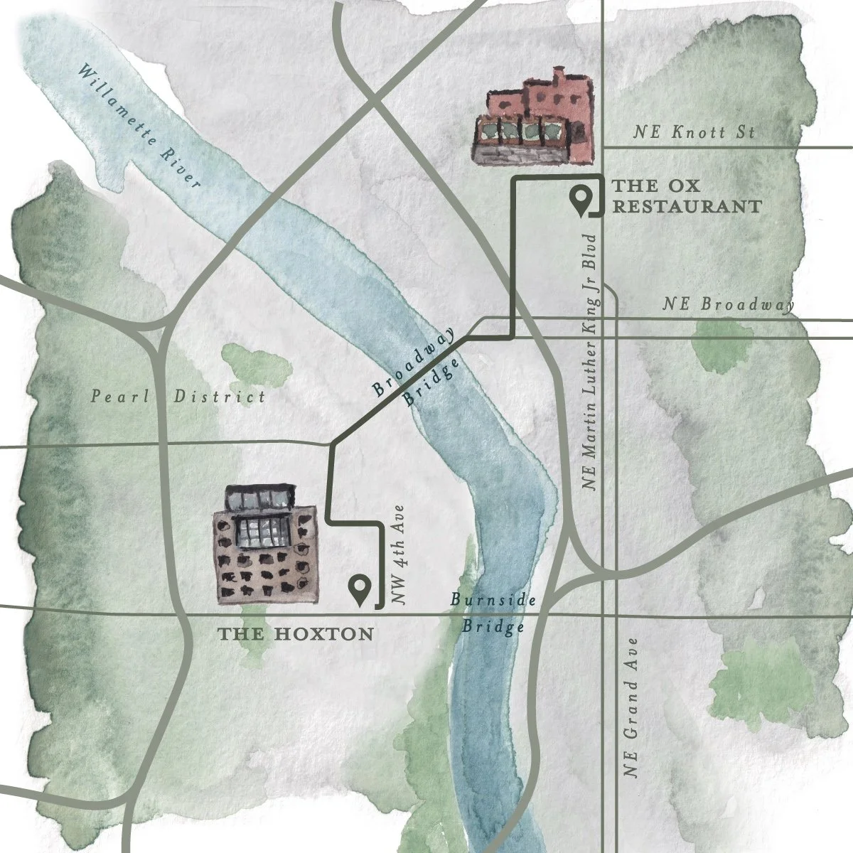 Watercolor city map of Portland, Oregon showing route between wedding venue and guest hotel with icon illustrations, roads, Willamette River and bridges